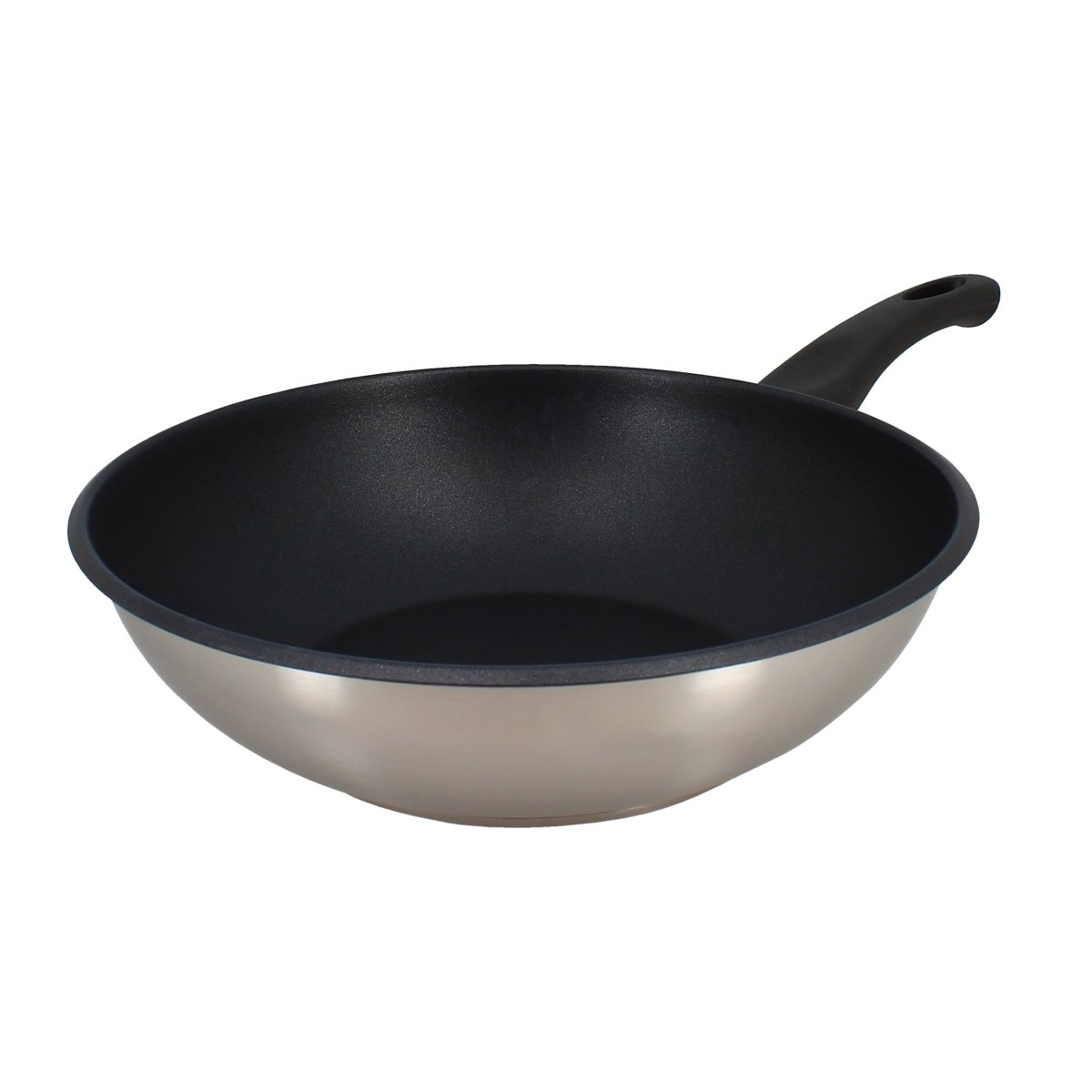 Wok First 28 cm Menastyl en acier inoxydable avec revêtement antiadhésif noir, vue de trois quarts