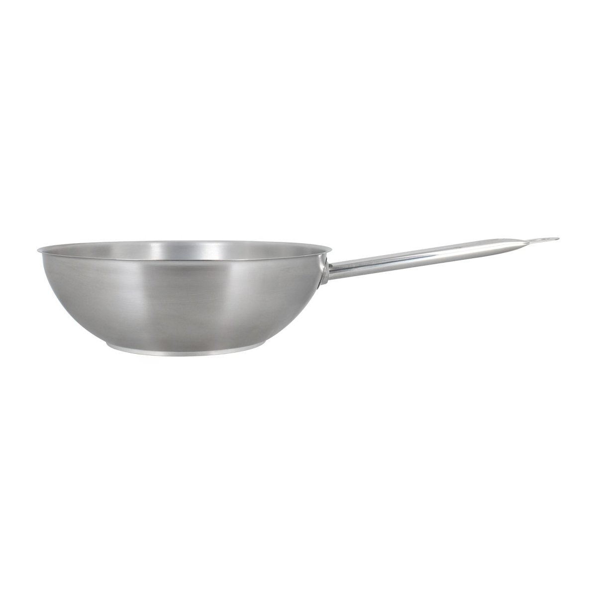 Wok professionnel 30cm en acier inoxydable Menastyl avec poignée tubulaire, vue de profil sur fond blanc