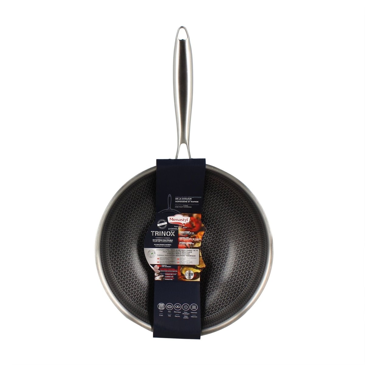 Wok Trinox 28cm en inox avec revêtement antiadhésif, vue de face avec étiquette produit