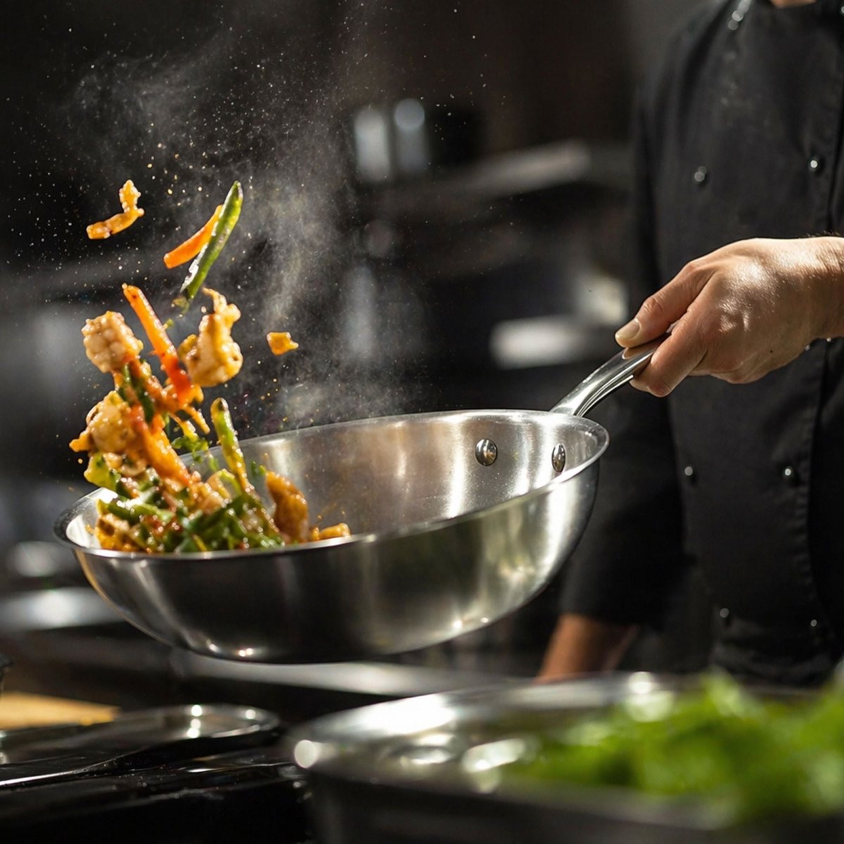 Wok Triply en action, sauté de légumes colorés avec effet de mouvement dynamique en cuisine professionnelle