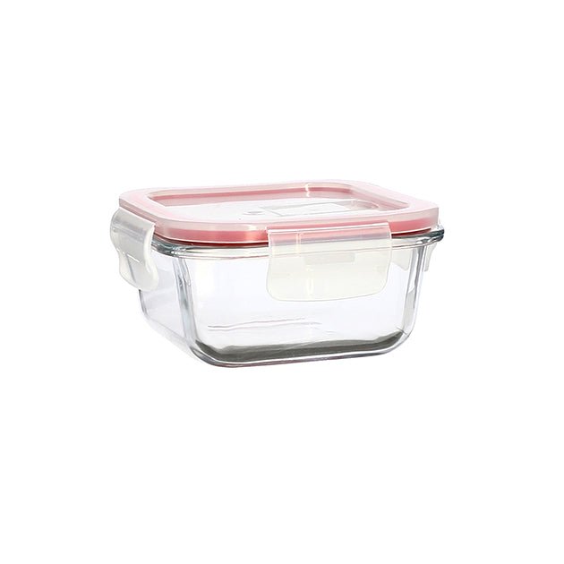 Boîte hermétique carrée Clémentine 310mL en verre borosilicate transparent avec couvercle rose Menastyl