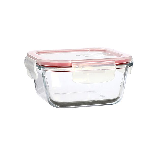 Boîte hermétique Clémentine carrée 500mL Menastyl en verre transparent avec couvercle rose, vue trois quarts