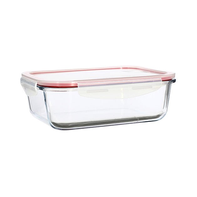 Boîte hermétique rectangulaire Clémentine 1500mL en verre transparent avec couvercle clipsable, vue de trois-quarts Menastyl