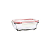 Boîte hermétique rectangulaire Clémentine 370mL en verre Menastyl avec couvercle rouge transparent, vue de trois-quarts