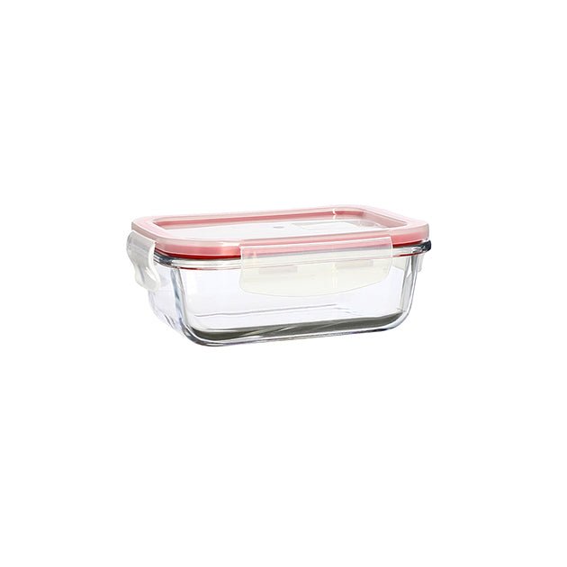 Boîte hermétique rectangulaire Clémentine 370mL en verre Menastyl avec couvercle rouge transparent, vue de trois-quarts