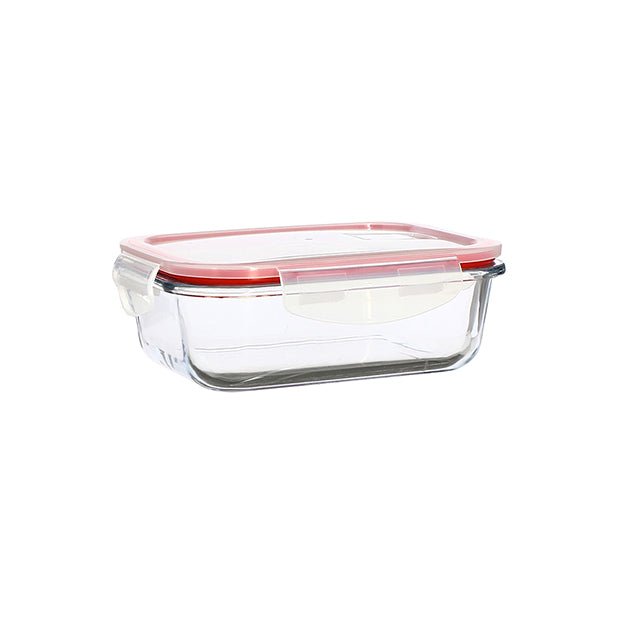 Boîte hermétique rectangulaire 630mL Menastyl en verre transparent avec couvercle à clips rouges, vue de trois-quarts