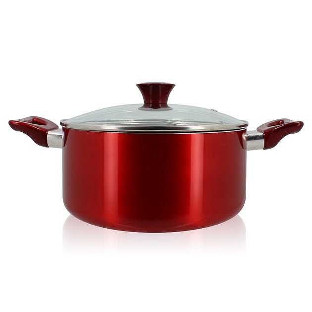 Faitout Cerise 24cm rouge aluminium avec couvercle en verre Menastyl, vue de face sur fond blanc