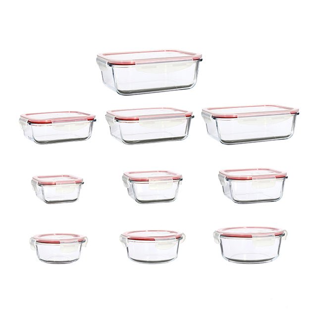 Set de 10 boîtes hermétiques en verre Clémentine Menastyl avec couvercles à clips rouges, vue d'ensemble sur fond blanc