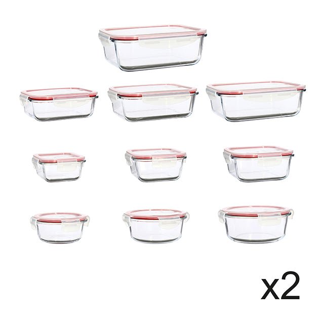 Set de 20 boîtes hermétiques en verre Clémentine Menastyl avec couvercles à clips rouges, différentes tailles rectangulaires et rondes